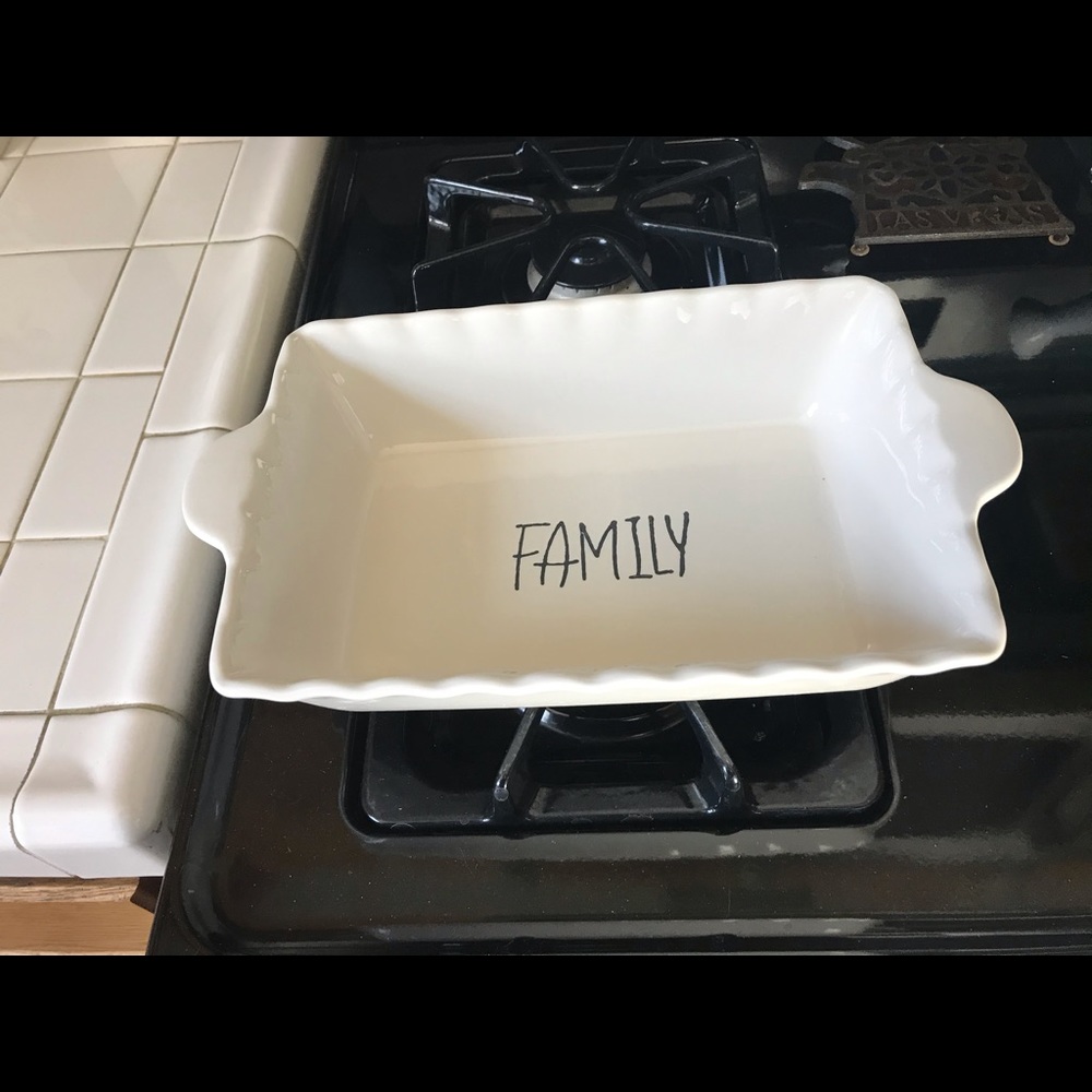 Rectangle shaped white ceramic dish with FAMILY